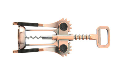 Metal corkscrew on white background