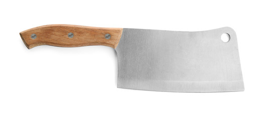 Butcher knife with wooden handle on white background
