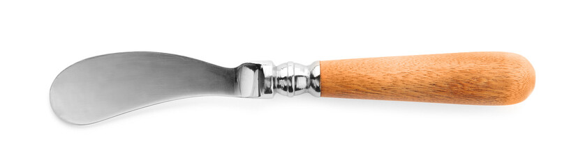 Cheese knife with wooden handle on white background
