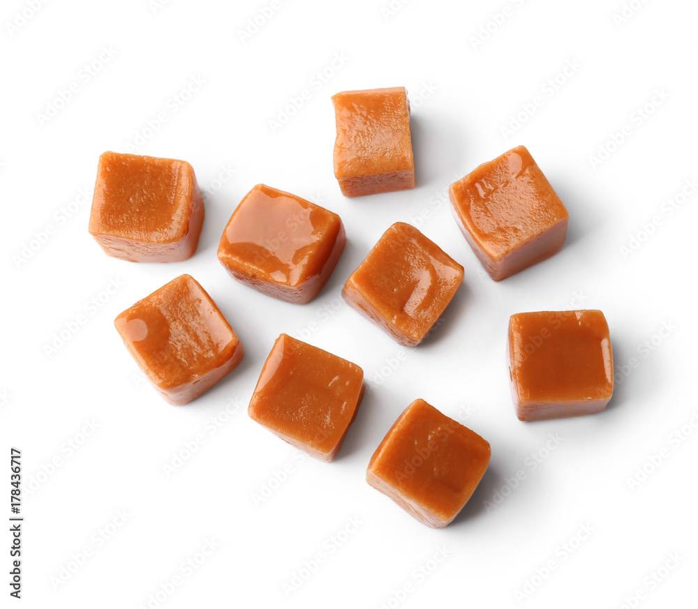 Sticker Sweet caramel candies on white background