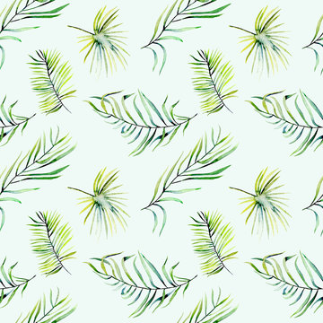 Watercolor green tropical palm leaves and fern branches seamless pattern, hand painted isolated on a blue background