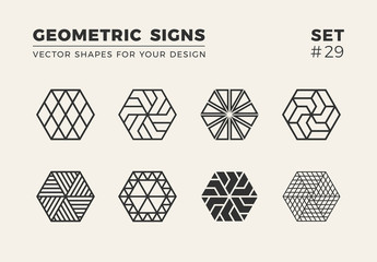 Set of eight minimalistic trendy shapes. Stylish vector logo emblems for Your design. Simple geometric signs collection.