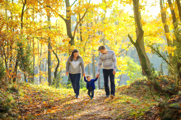 Fototapeta premium happy family walking in beautiful autumn park at sunset.