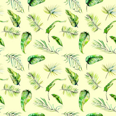 Watercolor green tropical exotic leaves and fern branches seamless pattern, hand painted isolated on a yellow background