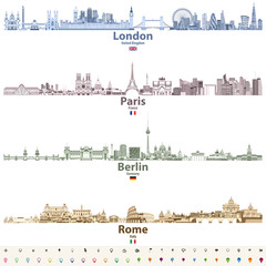 Obraz premium London, Paris, Berlin and Rome city skylines in bright color palettes vector illustrations