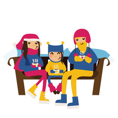 Vector family in winter clothes sitting on a bench with tea cups in hands. Vector isolated people - mom, dad and kid