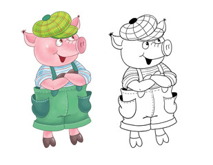 Three little pigs. A cute pig. Fairy tale. Coloring book. Coloring page. Illustration for children. Funny cartoon characters isolated on white background