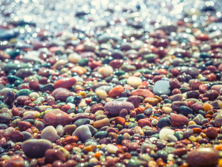 Wet pebble-stone closeup on the beach of different bright colors. Multi-colored sea pebbles on the sea - abstract nature background for your design of summer holidays or sea leisure.