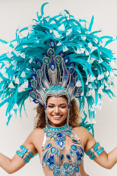 Samba dancer portrait smiling and wearing traditional costume
