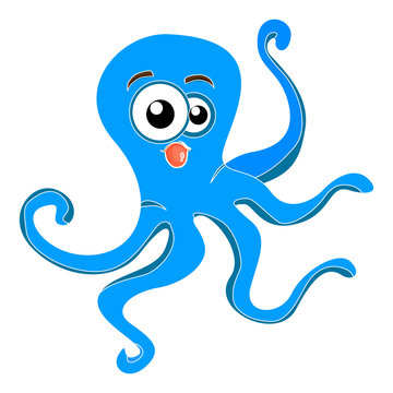 Octopus blue marine (stick out tongue), cartoon on white background,