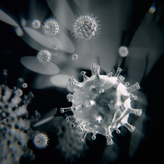 Viruses attacking immune system. Scanning Electron Microscopy stylised illustration