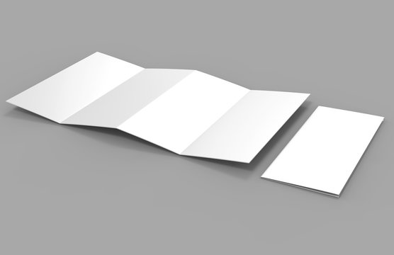Accordion fold brochure, eight pages four panel leaflet, concertina fold. blank white 3d render illustration.
