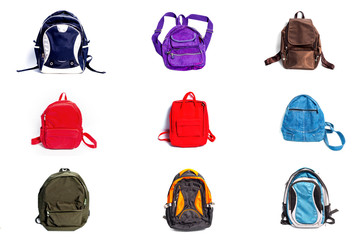 Travel bags and backpacks for leisure activities.Collection school bag isolated on white background.