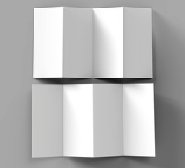 Accordion fold brochure, eight pages four panel leaflet, concertina fold. blank white 3d render illustration.