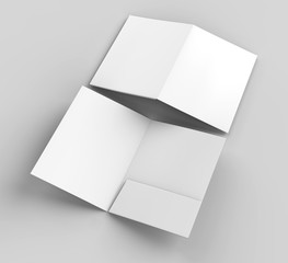 Blank white reinforced A4 single pocket folders on grey background for mock up. 3D rendering.