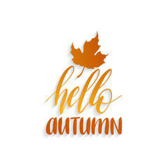 Vector Happy Autumn hand lettering. Maple leaf illustration on yellow background. Typography poster.