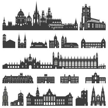vector collection of palaces, temples, churches, cathedrals, castles, city halls, edifices,  ancient buildings and other architectural monuments silhouettes