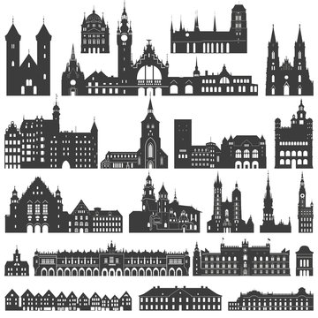 vector collection of palaces, temples, churches, cathedrals, castles, city halls, edifices,  ancient buildings and other architectural monuments silhouettes