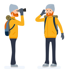 Climber set, tourist looking through binoculars, calls for help. Isolated against white background. Vector illustration. Cartoon flat style.