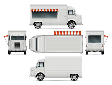 Retro food truck vector mock up for car branding, advertising and corporate identity. Mobile cafe van template. All layers and groups well organized for easy editing. View from side, front, back, top.