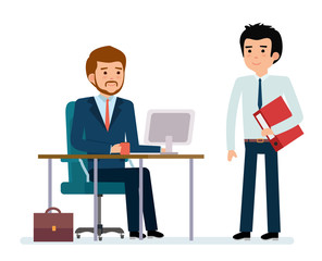 Obraz premium Business people and situations. The boss came by subordinate. Work at the computer. Flat style color modern vector illustration.