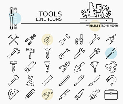 Tools line icons with minimal nodes and editable stroke width and style