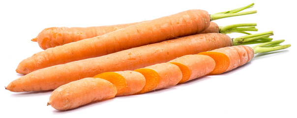Group of fresh long orange carrots and its sliced quarters isolated on white background