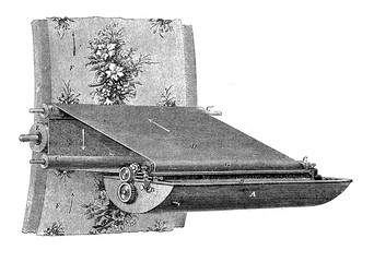 Rolling metalworking mechanism to print pattern on fabric with many colors, XIX century