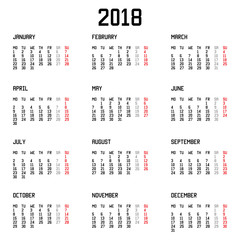 Calendar 2018 year simple style isolated on white background. Vector illustration.