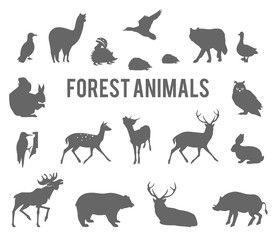 Forest animals silhouettes set.