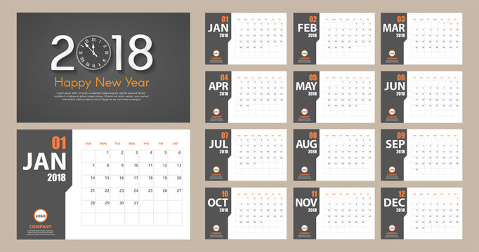 2018 New Year calendar simple modern style. Dark grey and orange. Event planner. All size. Vector illustration