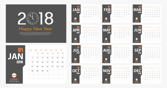 2018 New Year calendar simple modern style. Grey and orange. Event planner. All size. Vector illustration