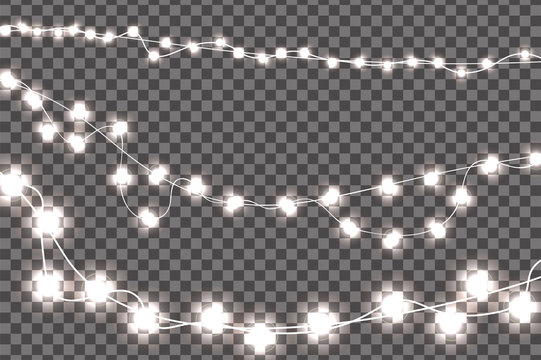 White realistic Christmas lights decorations set isolated on transparent background. For greeting cards. Vector illustration