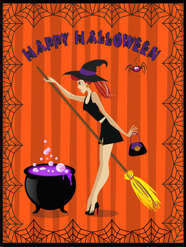 Halloween illustration of cute young witch with cauldron and broomstick on orange striped background framed with spider web.Halloween greeting card or invitation.