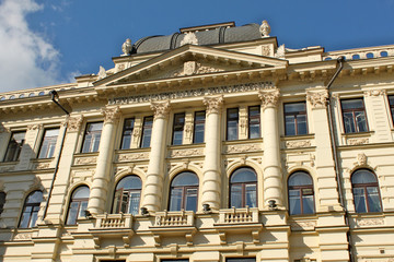 Building of national philharmonic in capital of Lithuania vilnius. The old architucter with beautiful carving and decorative balconies