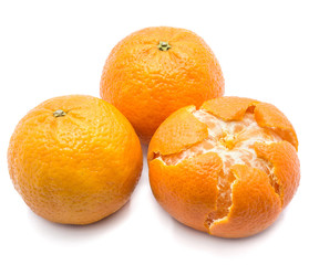Three whole Clementines, one peeled, isolated on white background