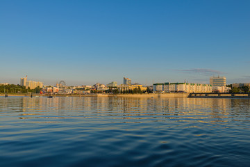 Fototapeta premium July 20, 2017: Photo of the Cheboksary Gulf. View from the water. Cheboksary. Russia.