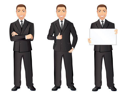 Business man in black suit in different poses. Confident handsome man, full length, dress code. Flat design, vector cartoon illustration
