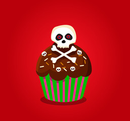 Cute happy halloween cupcake with skull and cross bones isolated on red background. Vector illustration, icon, clip art.