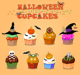 Set of cute happy halloween cupcakes on orange background. Vector illustration, clip art.