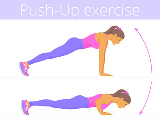 Beautiful young woman in the sportswear is doing the push-up exercise. Flat illustration of caucasian sporty girl training in push up. Vector active people set for sport, fitness design, infographic.