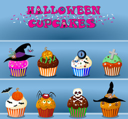 Set of cute happy halloween cupcakes on blue background. Vector illustration, clip art.