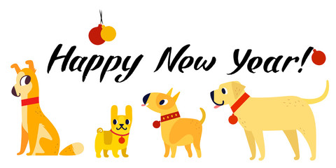 Funny yellow dogs symbol of year 2018. Flat style, vector illustration isolated on a white background. Happy New Year lettering