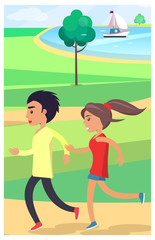 Boy and Girl Jog at Park along Path Near Pond