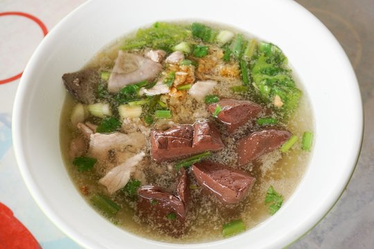 thai style blood jelly with offal soup - Thailand food