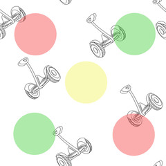 Hand drawn self balancing hoverboard scooters outline and colorful circles background symbolizing traffic lights. Vector illustration seamless pattern