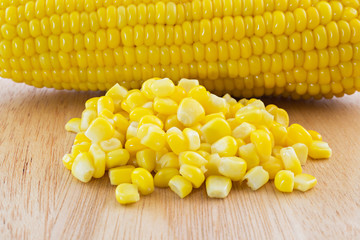 canned corn and sweet corn  on Wood tray isolated on white background, selective focus (detailed close-up shot)