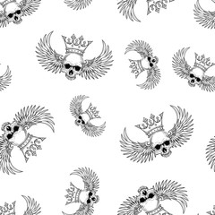 vector seamless pattern with skulls, wings and crown