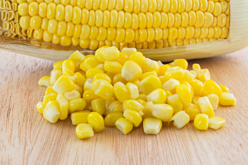 canned corn and sweet corn  on Wood tray isolated on white background, selective focus (detailed close-up shot)