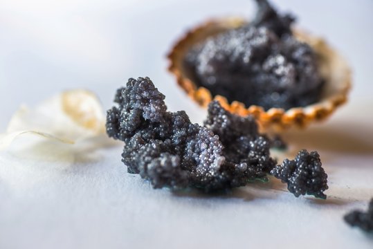 Caviar in shell and scattered on table.
